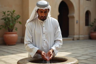 Homme effectuant les ablutions rituelles avant la prière du vendredi dans la cour d'une mosquée à Bezons