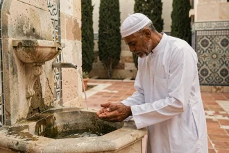 Homme musulman effectuant les ablutions rituelles avant la prière du vendredi dans la cour d'une mosquée à Marseille