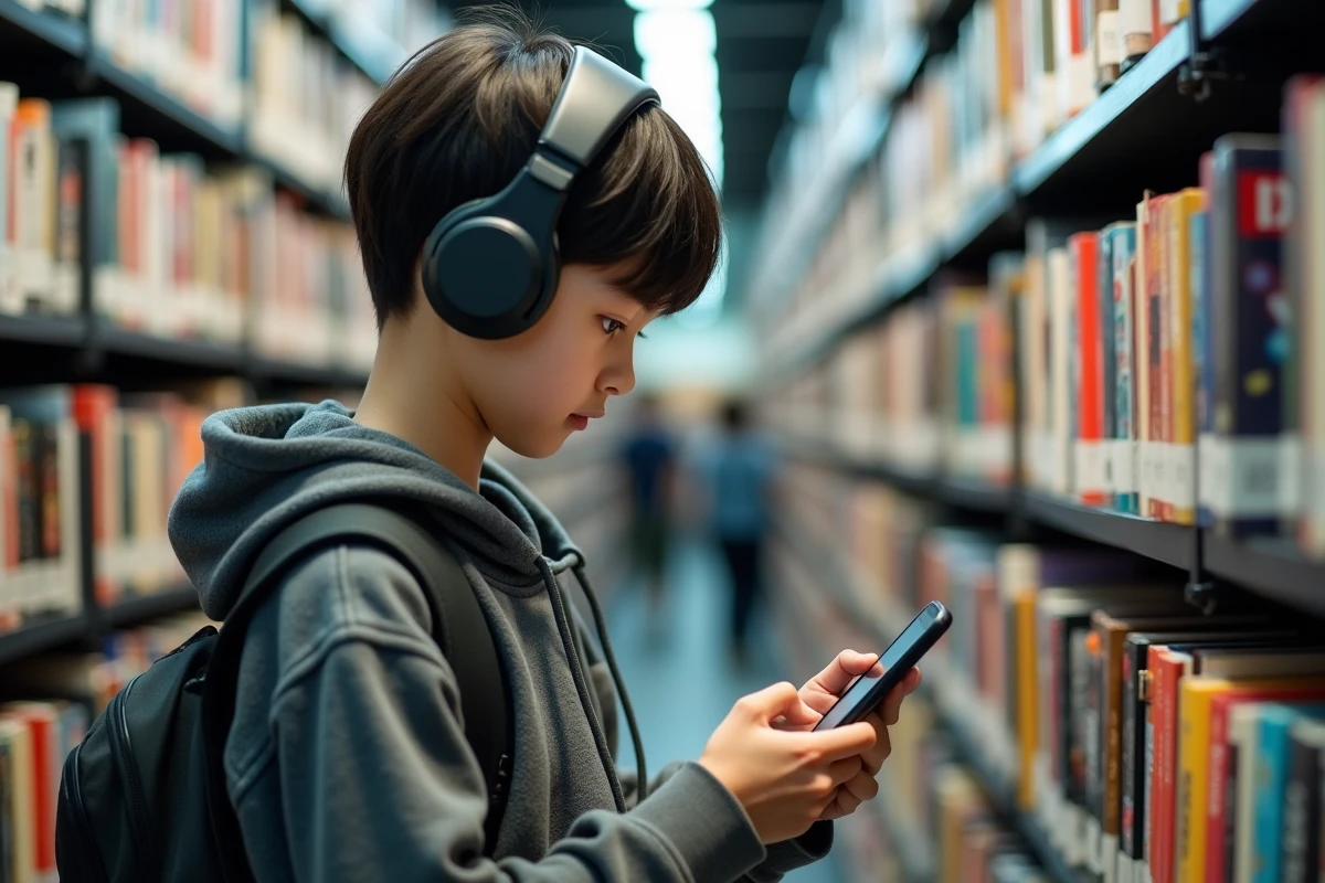 Adolescent regardant manga sur smartphone dans une bibliothèque animée