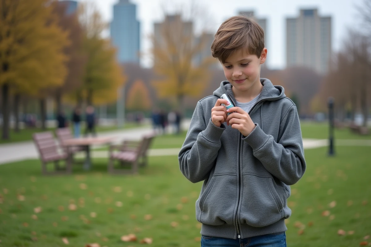 Adolescent montrant comment utiliser un inhalateur dans un parc urbain