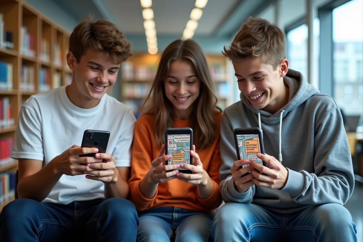 Groupe d adolescents partageant des impressions sur des webtoons dans une bibliothèque