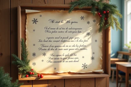 Affichage mural poésie L'hiver est là avec calligraphie sur papier crème et décorations naturelles dans une salle de classe