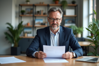 Agent immobilier en costume dans un bureau moderne