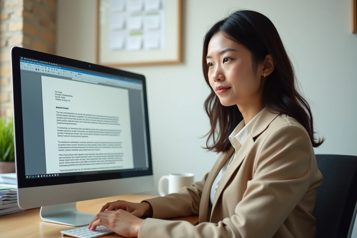 Jeune agente administrative rédigeant sur ordinateur une lettre officielle avec formule de politesse pour la fonction publique