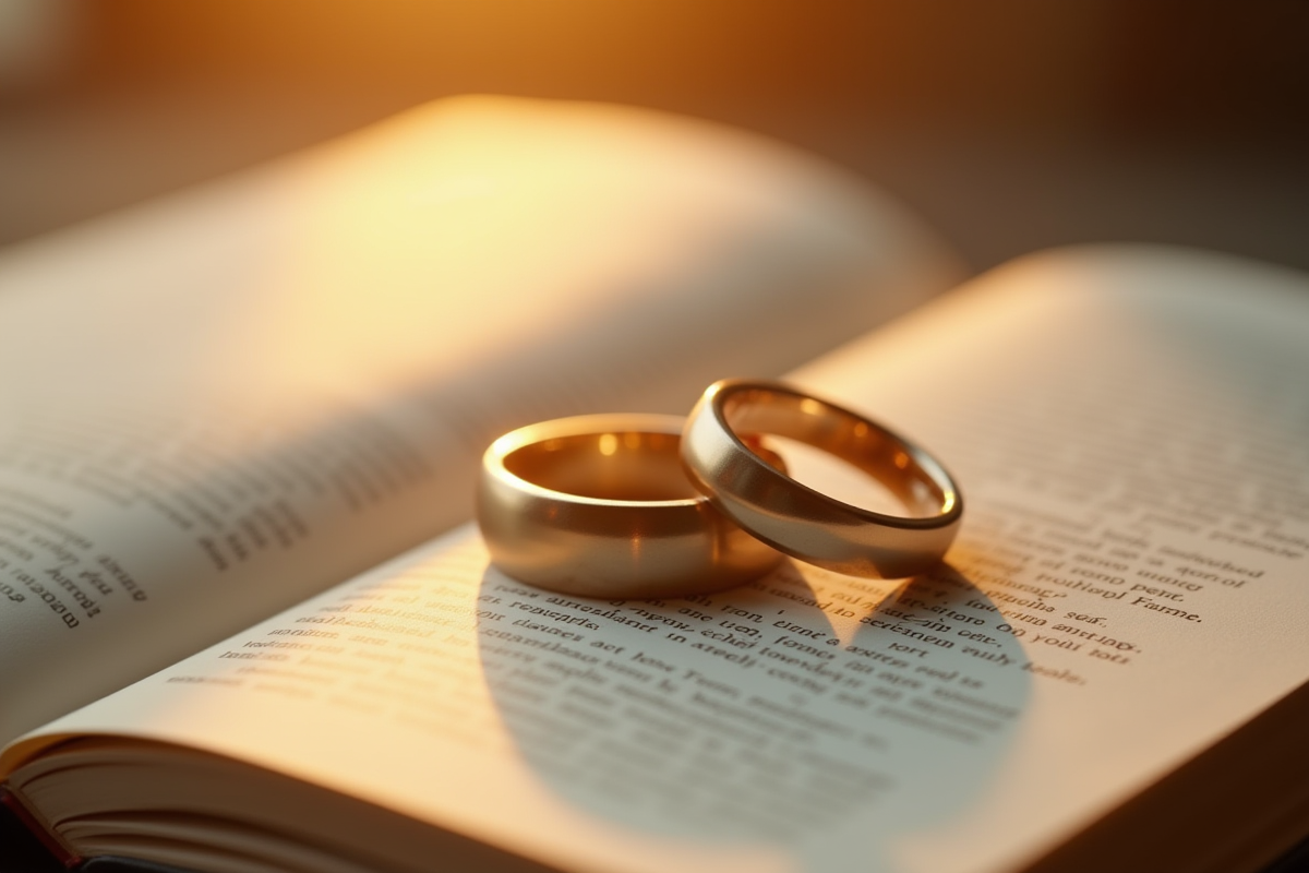 Alliances de mariage posées sur un livre sous la lumière du soleil