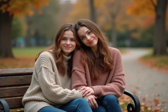 Deux amies assises sur un banc en bois dans un parc automnal, partageant un moment de complicité et d'amitié sincère