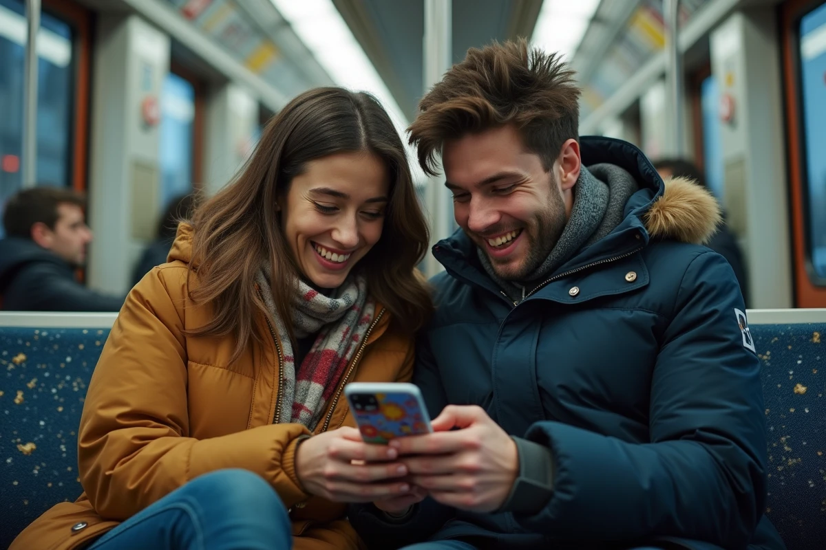 Deux amis lisant ensemble un webtoon sur smartphone dans le métro lors d'un trajet quotidien
