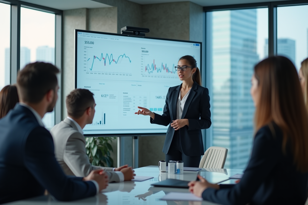 Jeune analyste présentant des graphiques en réunion moderne