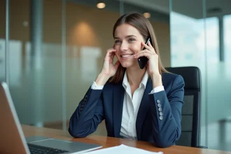 Femme professionnelle passant un appel international depuis un bureau moderne, illustrant l'utilisation de l'indicatif téléphonique 49 pour appeler l'Allemagne
