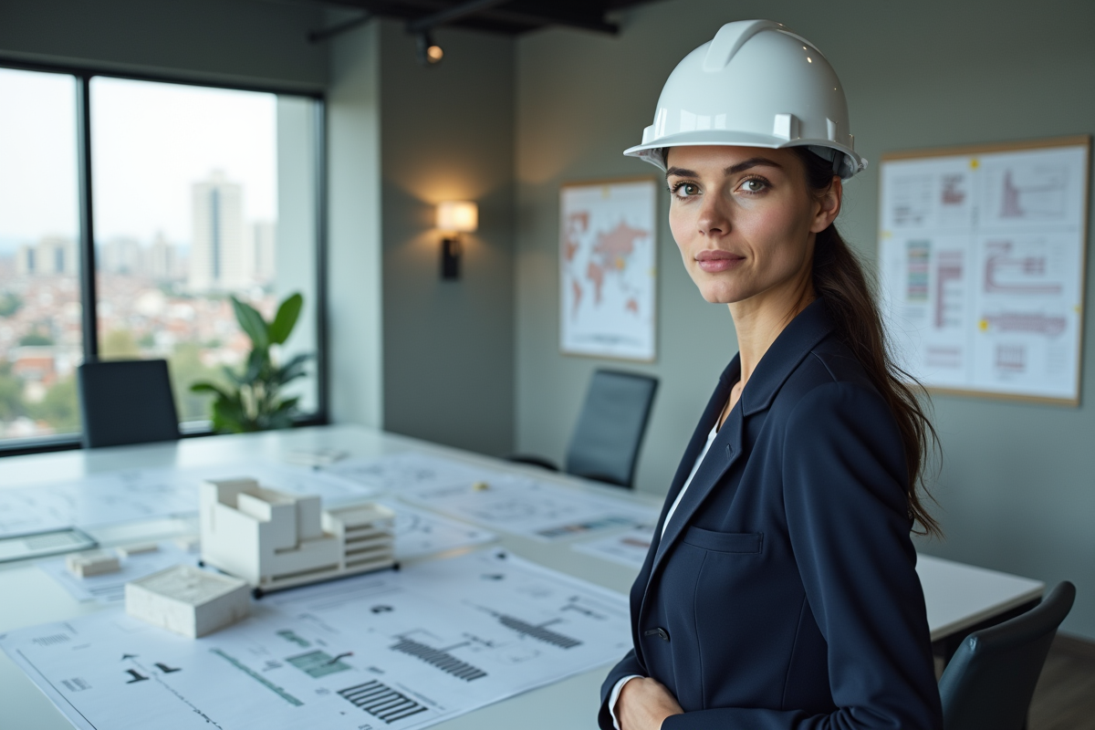 Jeune architecte analysant des cartes de risque sismique en intérieur