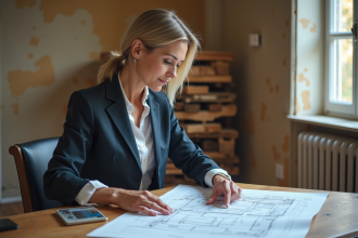 Architecte femme examinant des plans dans un appartement ancien