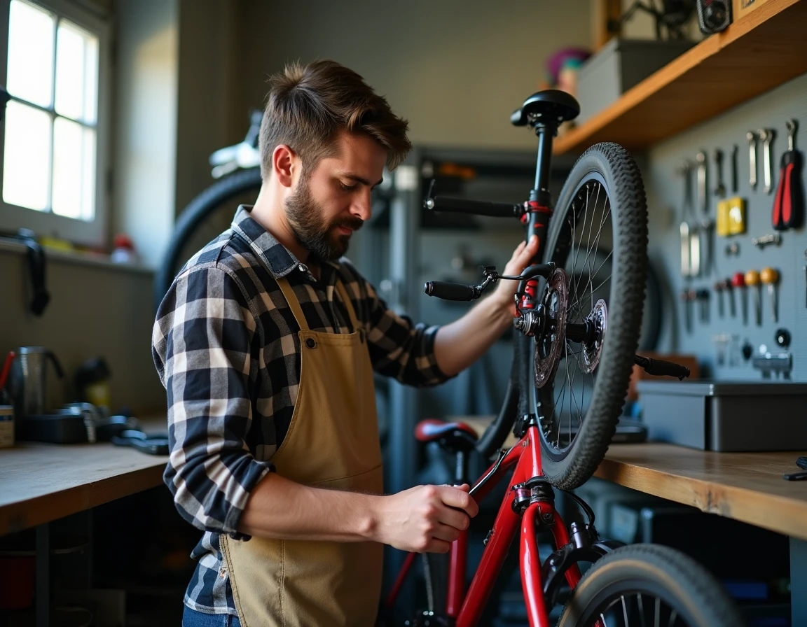 Mécanicien réparant un vélo électrique reconditionné dans l'atelier Vélo Nomade de Saint-Denis