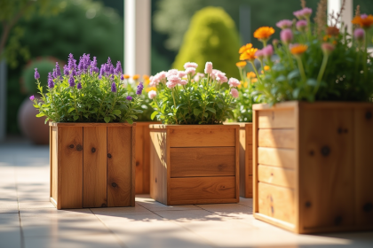Bacs à fleurs en bois naturel sur patio ensoleille