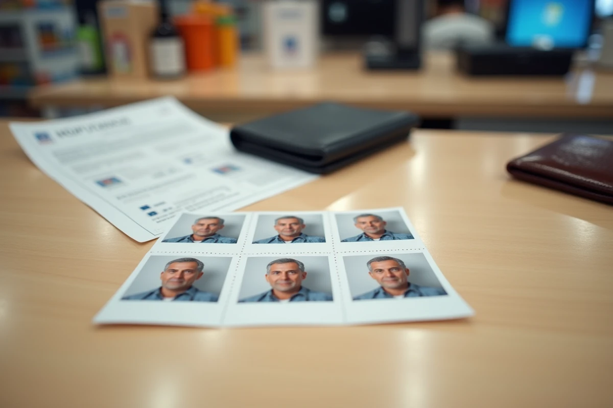 Bande de photos d'identité photomaton posée sur un comptoir de grande surface avec un formulaire administratif