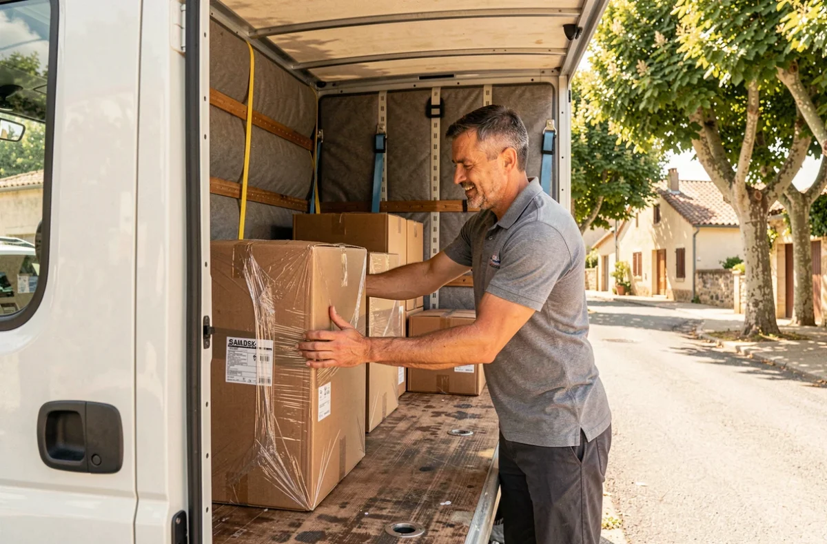 Déménageur de Bayard Déménagements rangeant des cartons dans un camion aménagé dans un village de la Drôme