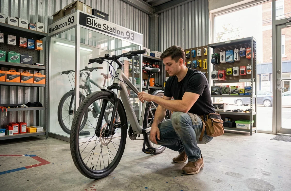 Mécanicien de Bike Station 93 réparant un vélo électrique dans l'atelier avec des modèles à vendre en arrière-plan