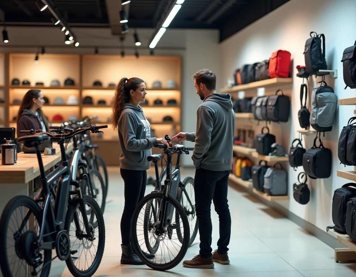 Vendeuse de Bouticycle en Seine-Saint-Denis aidant un client à choisir un vélo électrique urbain parmi les accessoires du magasin