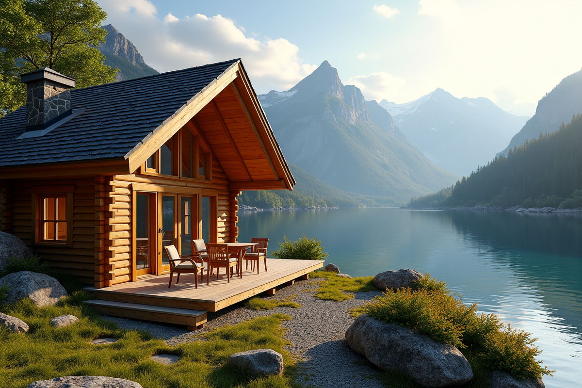 Cabane en bois au bord du lac en montagne ensoleille