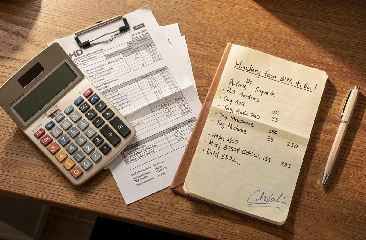 Calculatrice, factures et carnet de comptes sur un bureau