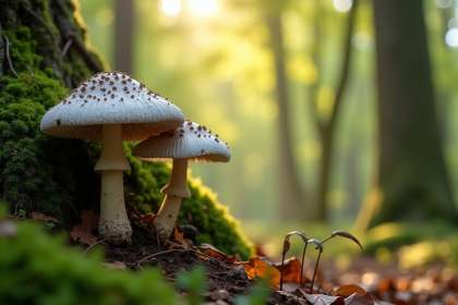 Champignons chanterelles grises dans une forêt ensoleillée