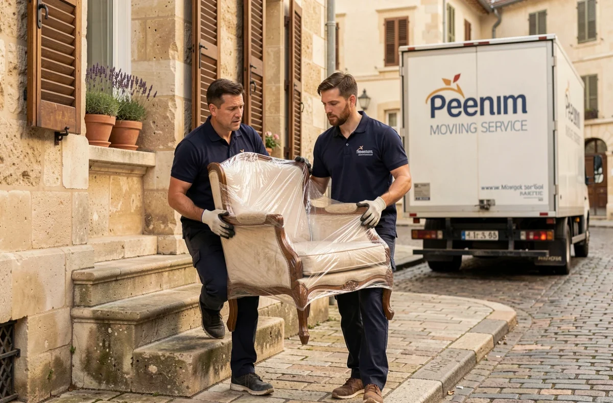 Déménageurs des Gentlemen du Déménagement portant un fauteuil emballé sur les marches d'une maison en pierre