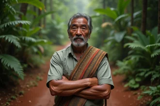 Chef kanak en tenue traditionnelle debout à l'orée de la forêt tropicale de Poindimié en Nouvelle-Calédonie, regard déterminé