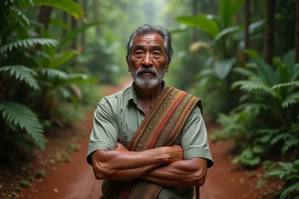 Chef kanak en tenue traditionnelle debout à l'orée de la forêt tropicale de Poindimié en Nouvelle-Calédonie, regard déterminé