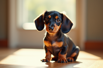 Miniature chiot dachshund tacheté sur sol en bois en lumière naturelle