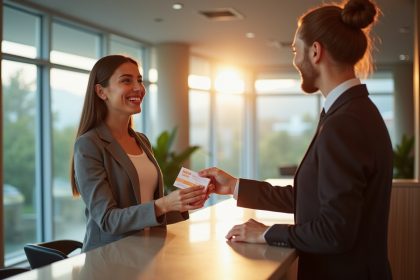 Hôtesse accueillante recevant des bons vacances d'une cliente