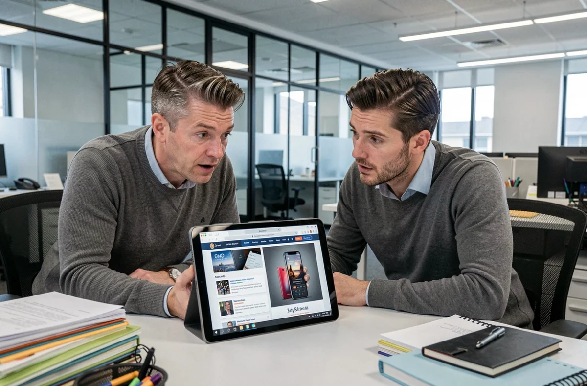 Deux collègues comparant le site Wikio et la marque de smartphones Wiko sur une tablette au bureau