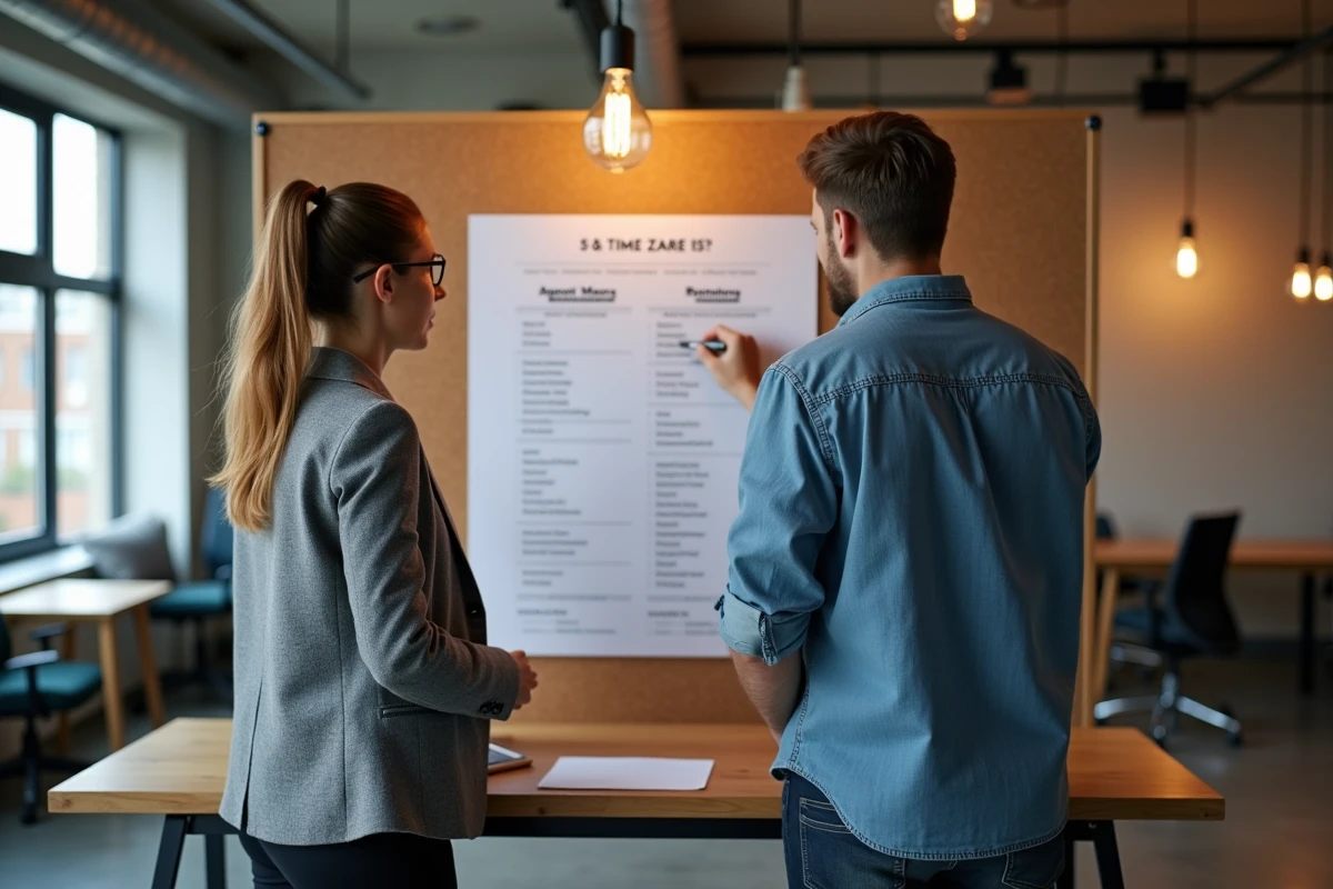 Deux collègues dans un espace de coworking à New York consultant un tableau comparatif des fuseaux horaires pour coordonner des rendez-vous internationaux