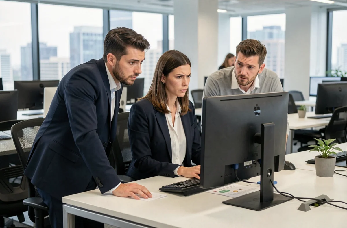 Groupe de collègues en open space discutant autour d'une interface de messagerie instantanée au bureau