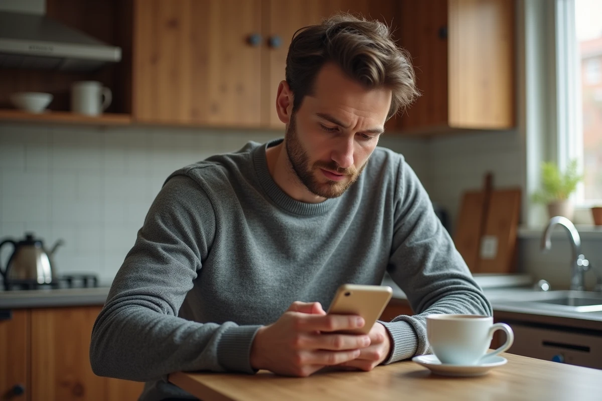 Homme composant un numéro de téléphone international avec l'indicatif pays 49 sur son smartphone depuis une cuisine moderne