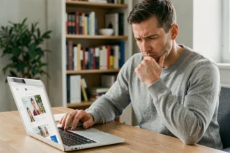 Homme confus devant un ordinateur cherchant le site officiel Wikio et découvrant des résultats sur Wiko smartphones