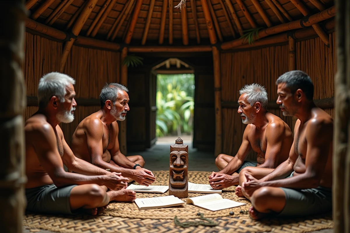 Anciens kanak réunis en conseil dans une grande case traditionnelle de Nouvelle-Calédonie avec documents et sculpture en bois