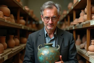 Conservateur de musée examinant une urne grecque antique ornée de motifs de flammes et de dieux du feu