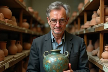 Conservateur de musée examinant une urne grecque antique ornée de motifs de flammes et de dieux du feu