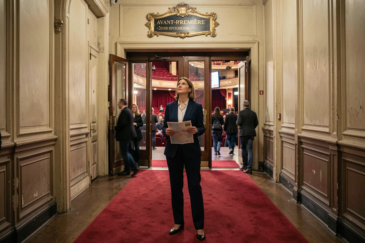 Femme consultant le plan du Grand Rex dans le couloir menant à la grande salle lors d'une avant-première