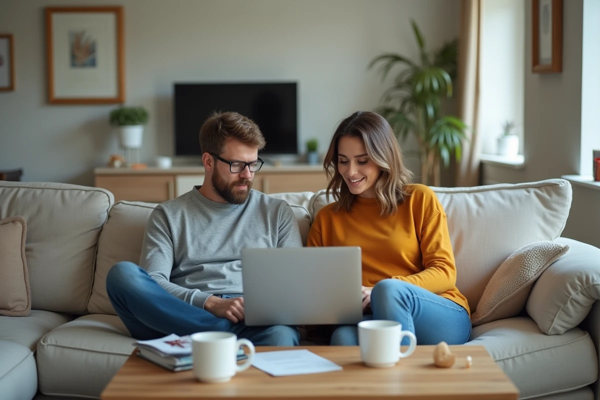 Couple comparant des offres fibre optique sur un ordinateur portable pour remplacer leur forfait Free mobile