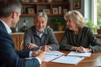 Couple français discutant avec un notaire dans une cuisine chaleureuse