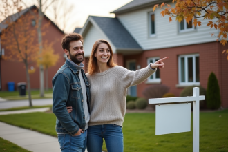 Jeune couple français devant une maison à vendre au Canada