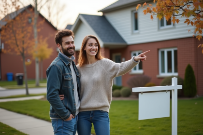 Jeune couple français devant une maison à vendre au Canada