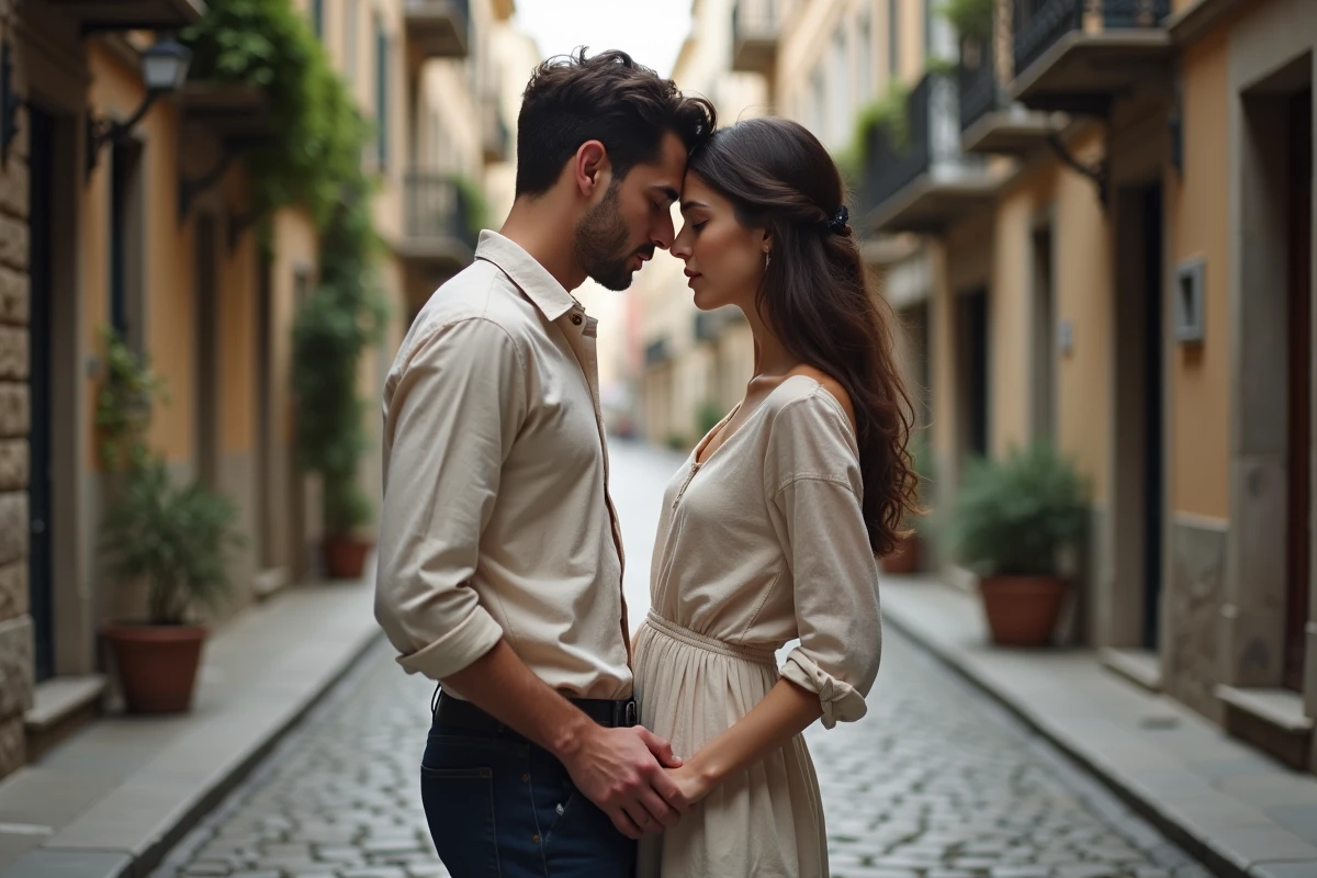 Couple de jeunes adultes se tenant face à face dans une ruelle pavée européenne, exprimant une connexion amoureuse profonde et douce