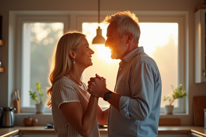 Couple souriant se tenant la main dans une cuisine lumineuse