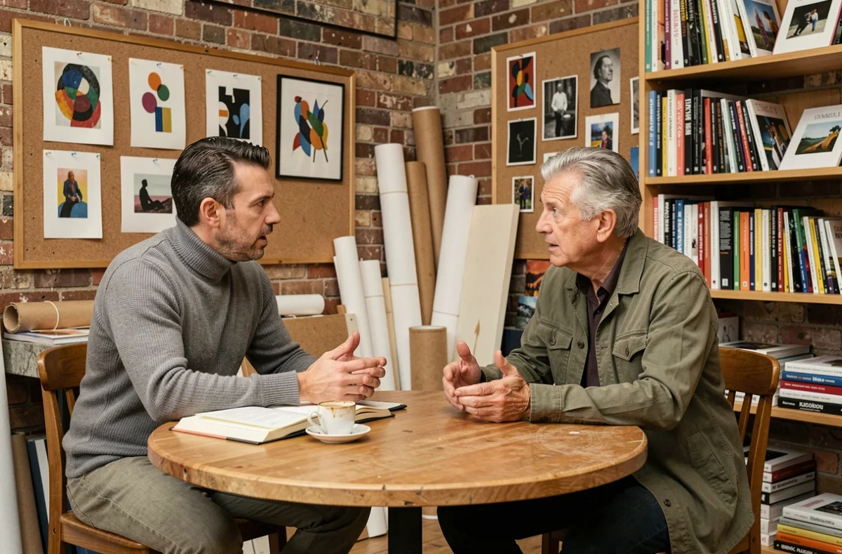 Deux critiques d'art en désaccord sur la définition de l'art abstrait dans un atelier rempli de livres et d'œuvres encadrées