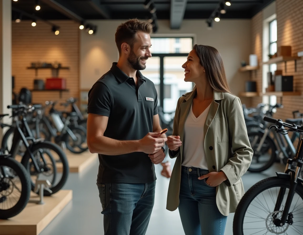 Intérieur du magasin Cyclable Montreuil avec un vendeur conseillant une cliente parmi une sélection de vélos électriques