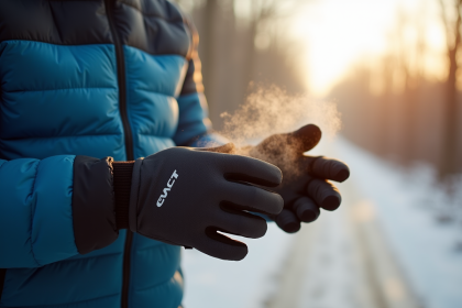 Cycliste en hiver ajustant ses gants chauffants en plein air