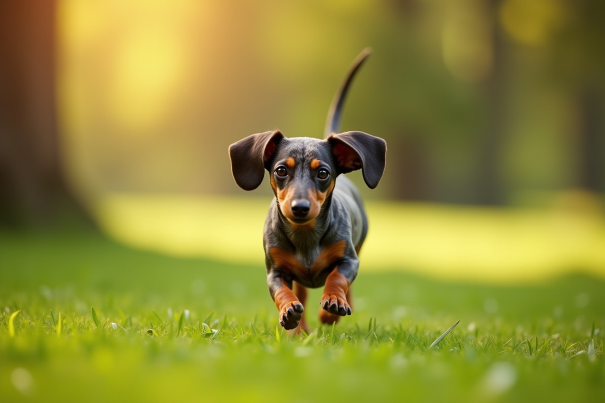 Chien dachshund tacheté adulte courant dans un parc en matinée