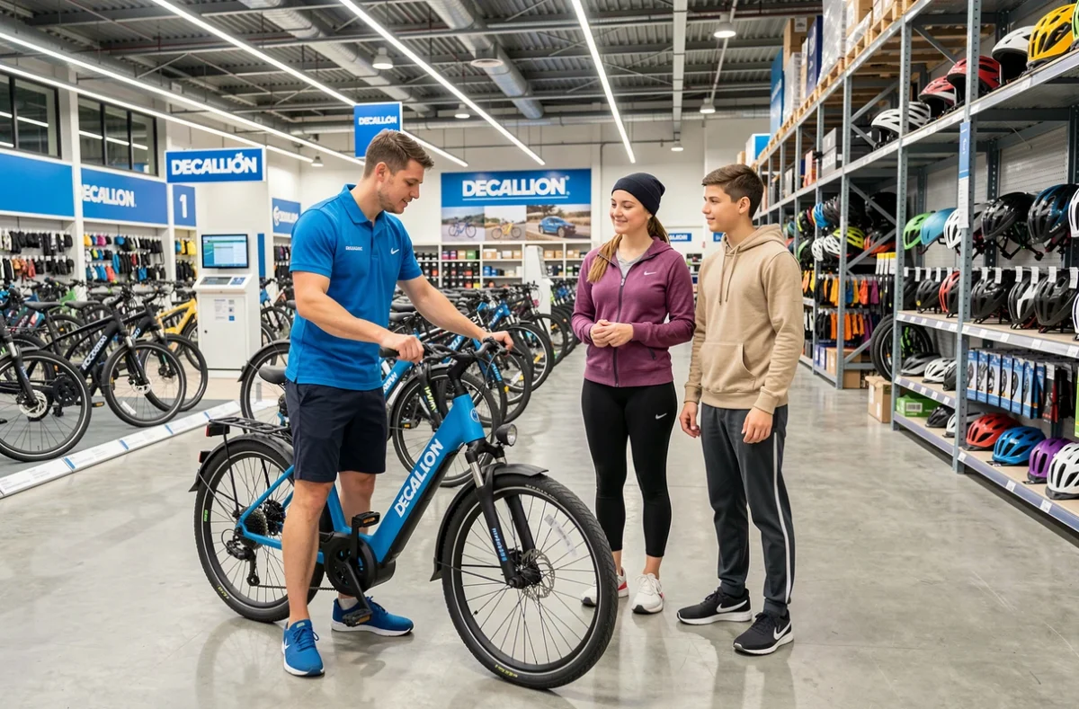 Rayon vélos électriques du Decathlon Saint-Denis Stade de France avec un employé présentant des modèles abordables à une famille