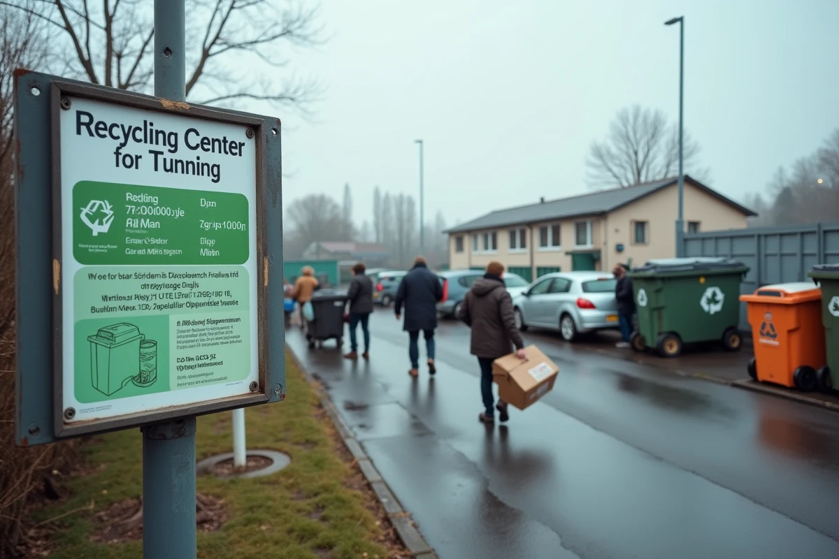 Vue large d'une déchetterie municipale animée avec panneau d'informations horaires et citoyens déposant leurs déchets